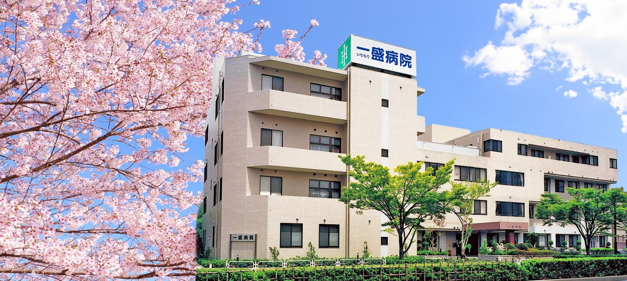 桜が咲く季節の介護施設の建物外観。清潔感のある多層構造の施設。